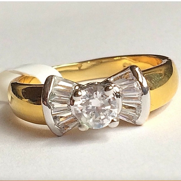 Gold Art Deco Engagement Ring Size 9 Vintage Ribbon Cubic Zirconia Plated - Picture 1 of 8